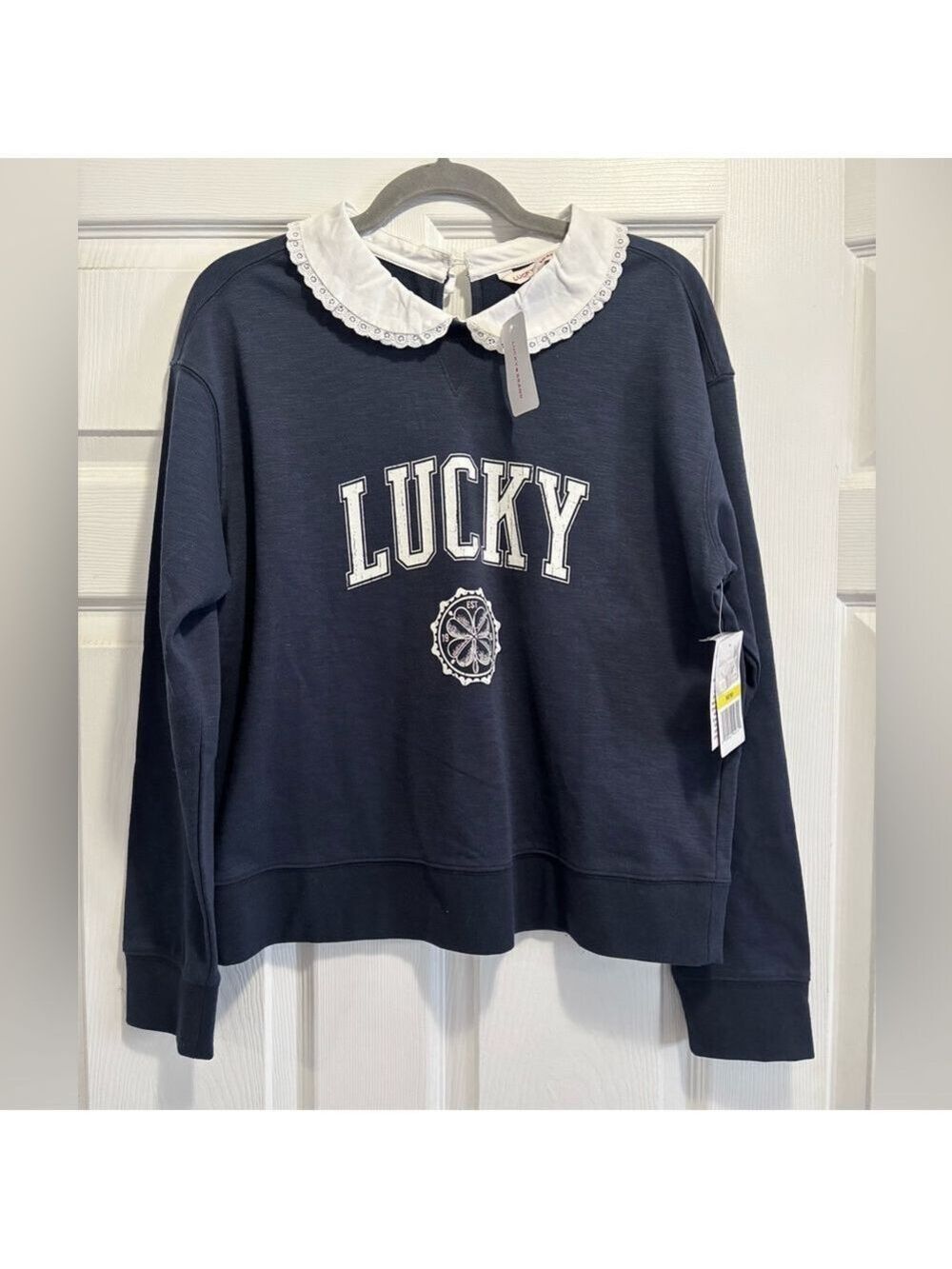 NWT Lucky Brand Peter Pan Collared Sweatshirt Navy Blue Women's Small Brand New